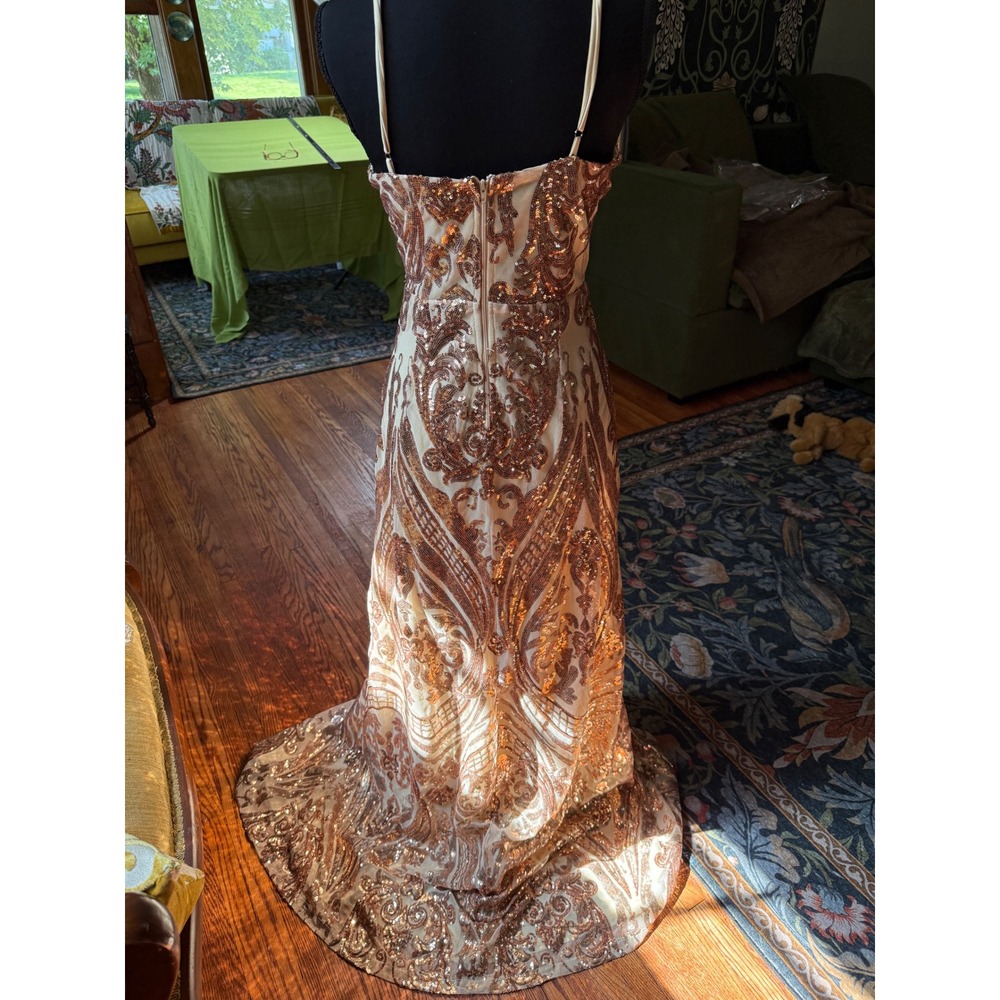 Windsor Rose Gold Sequin Double Slit Formal Gown Maxi Dress V-Neck Prom Gala SM - Picture 4 of 14